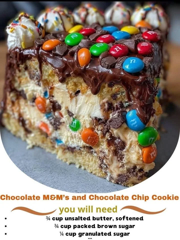 Decadent chocolate ice cream cake with M&M's and cookie dough layers