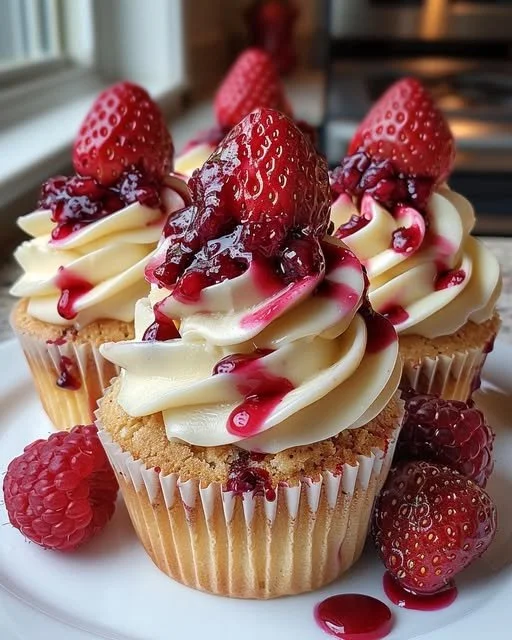 Decadent strawberry cheesecake cupcakes topped with fresh strawberries and cream.