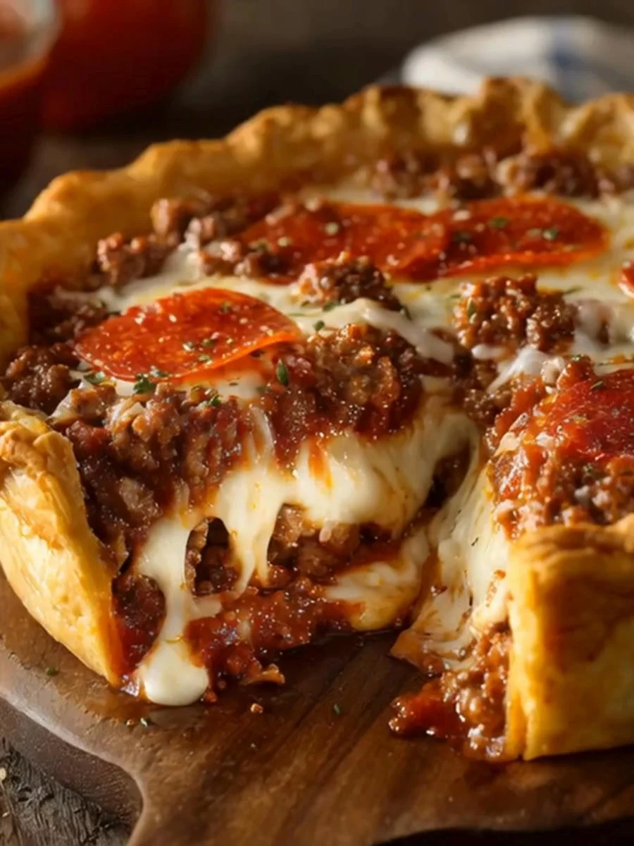 Deep-Dish Pizza Burger Pie showcasing layers of cheese, meat, and pizza toppings