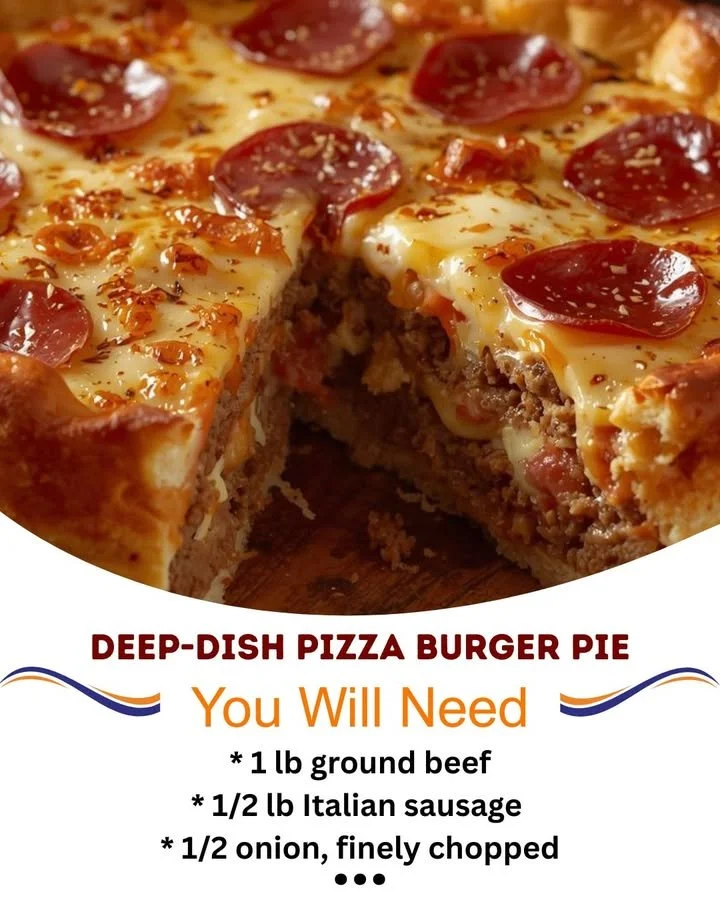Deep-dish pizza burger pie with layers of cheese and toppings.