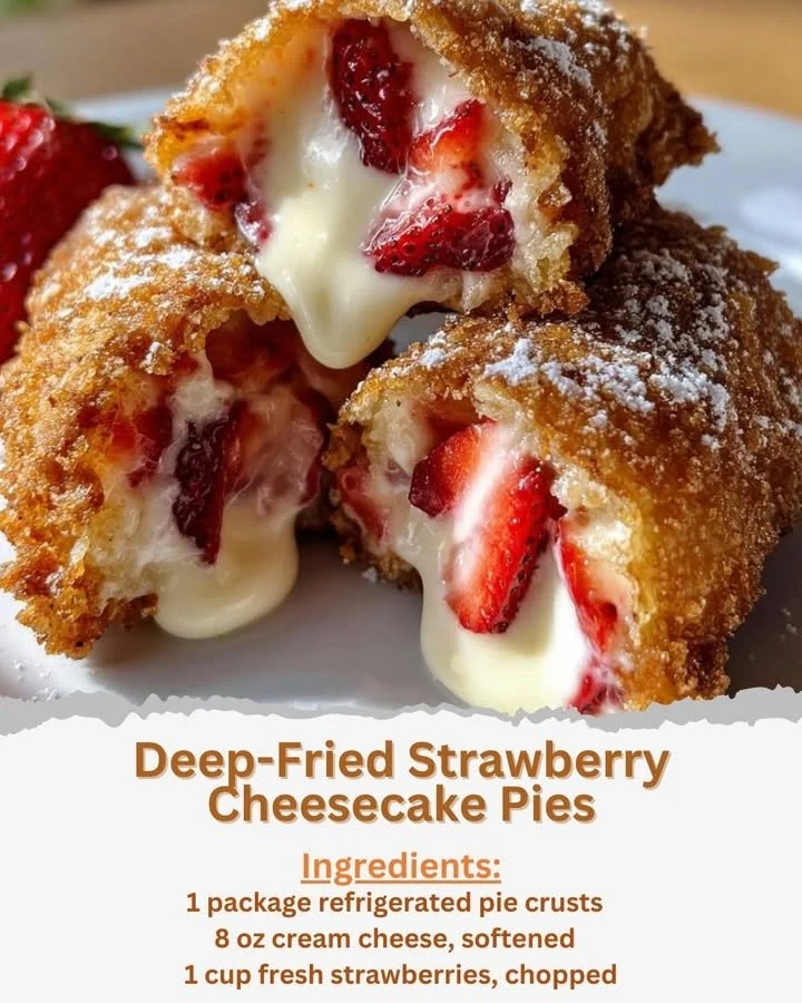 Deep-fried strawberry cheesecake pies on a plate, tempting and delicious.