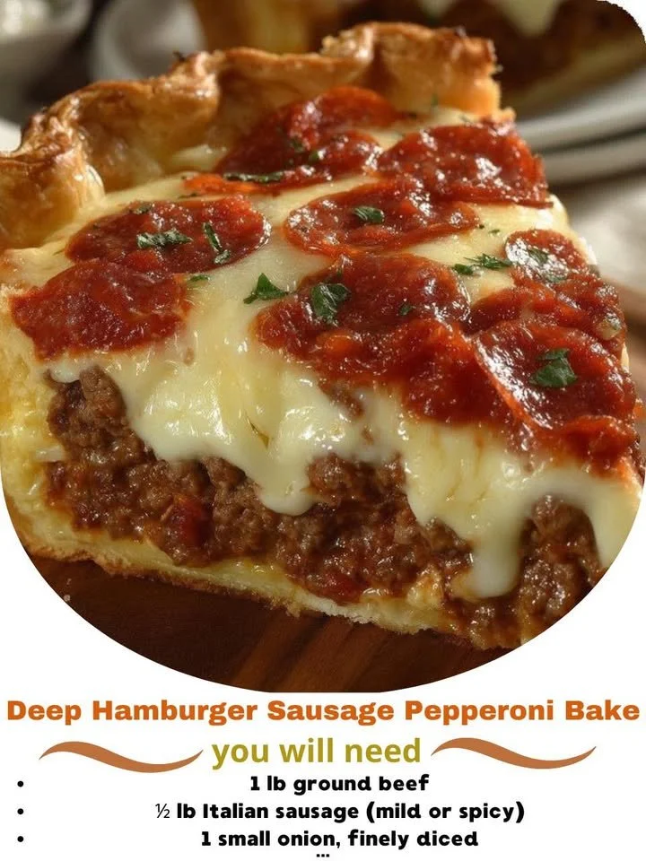 Deep Hamburger Sausage Pepperoni Bake dish ready to serve