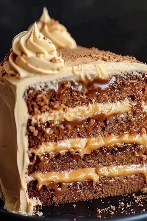 Delicate caramel coffee cream cake with creamy frosting and caramel drizzle