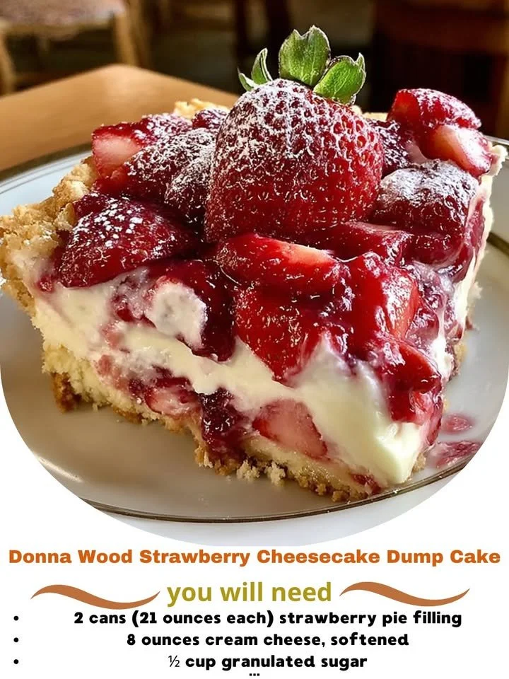 Delicious strawberry cheesecake dump cake by Donna Wood, perfect for dessert lovers.