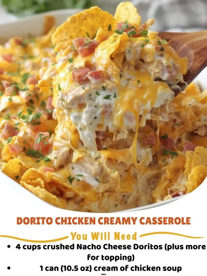 Delicious Dorito Chicken Casserole topped with crunchy Doritos