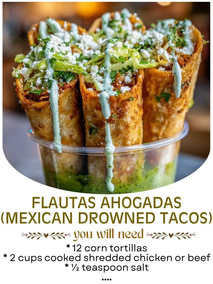 Plate of delicious drowned tacos topped with fresh ingredients