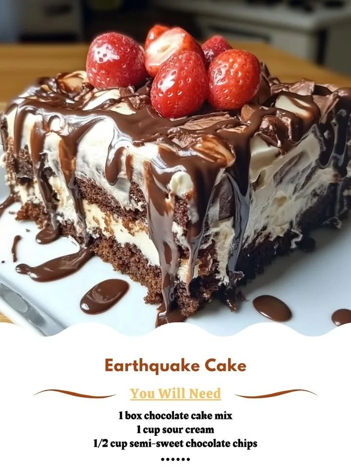 Delicious slice of Earthquake Cake topped with cream cheese frosting and nuts