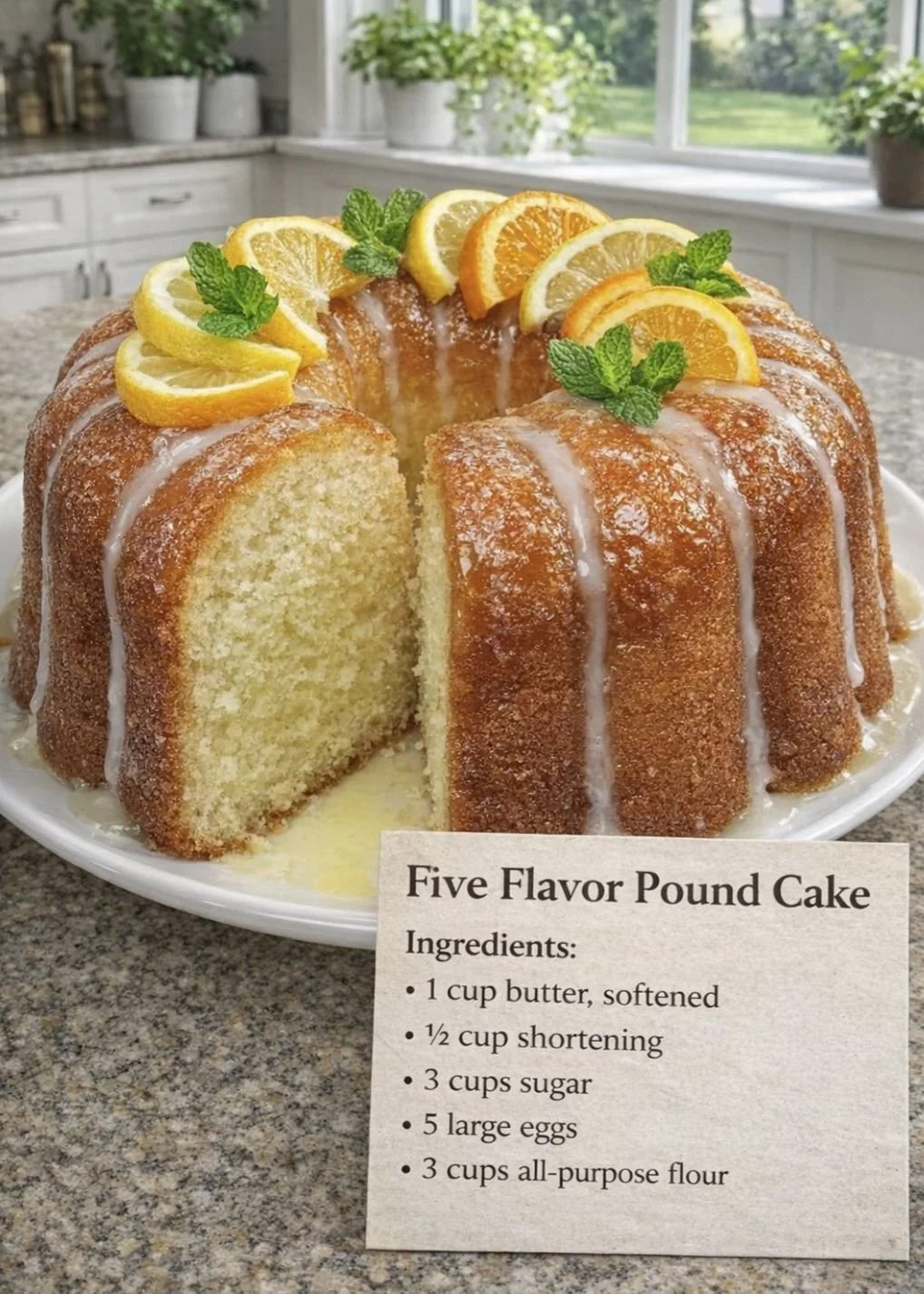 Sliced five flavor pound cake on a plate with fresh berries