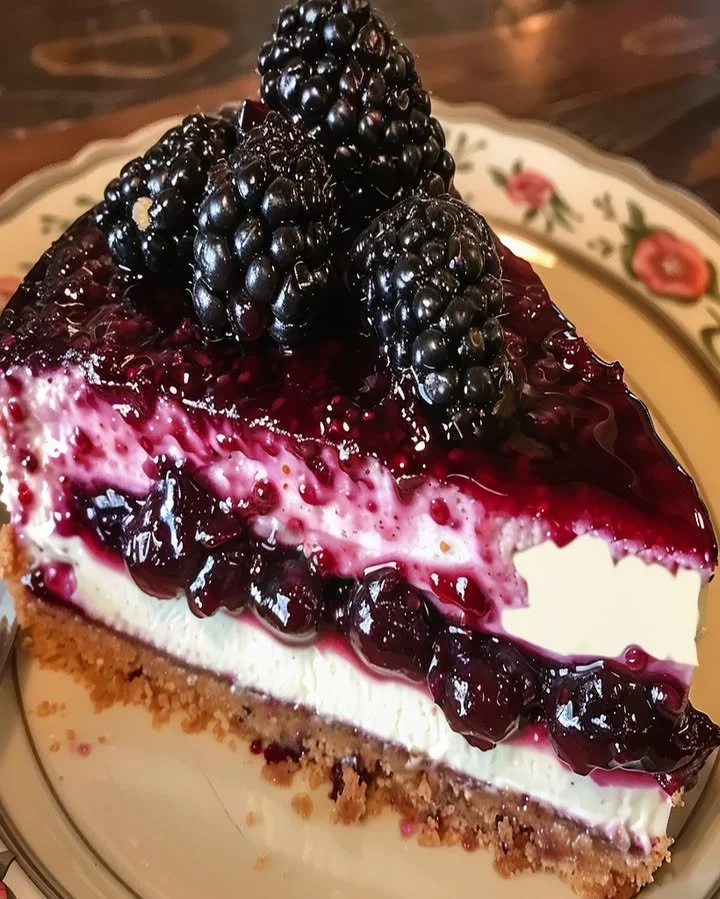 Slice of easy blackberry cheesecake topped with fresh blackberries