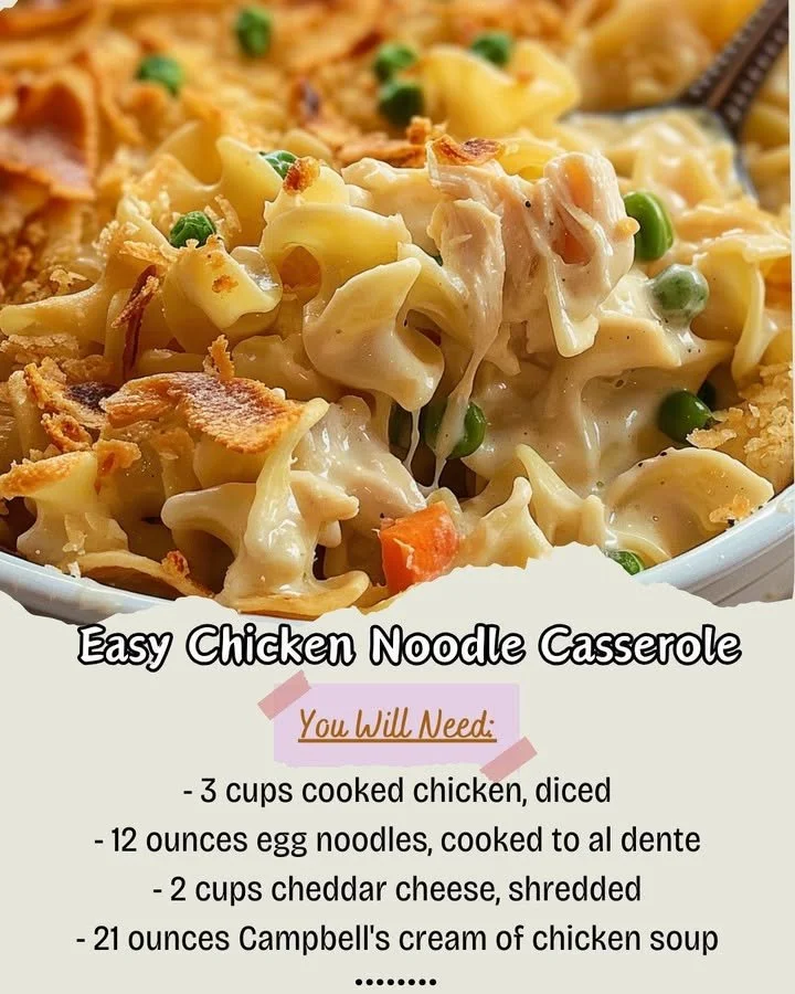 Delicious easy chicken noodle casserole in a baking dish