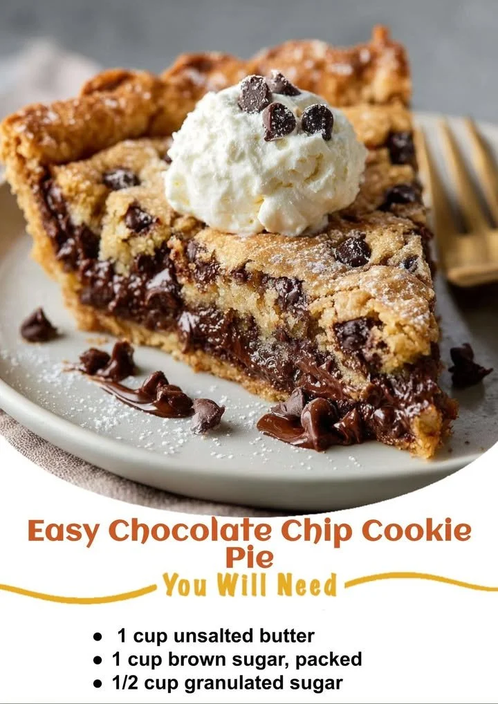 Delicious slice of easy chocolate chip cookie pie with chocolate chips on top