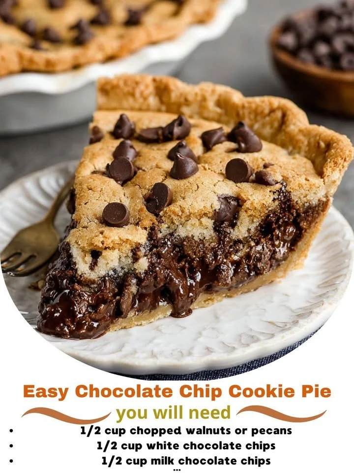 Delicious and gooey easy chocolate chip cookie pie fresh from the oven