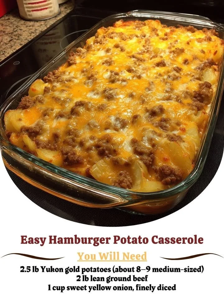 Delicious easy hamburger potato casserole served in a baking dish.