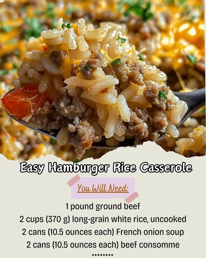 Delicious and easy hamburger rice casserole served in a baking dish.