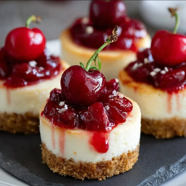 Delicious easy mini cherry cheesecakes topped with cherry filling