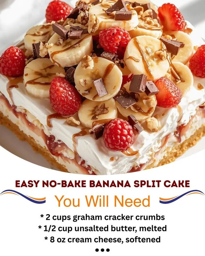 Delicious no-bake banana split cake with layers of fruit and cream