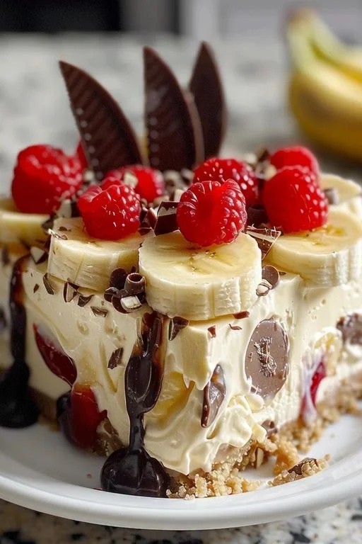 No bake banana split cake topped with fruit and whipped cream