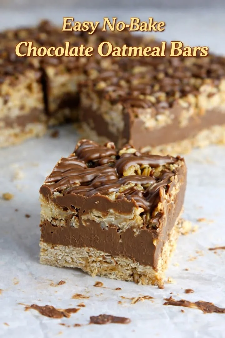 No-bake chocolate oatmeal bars with nuts and chocolate drizzle