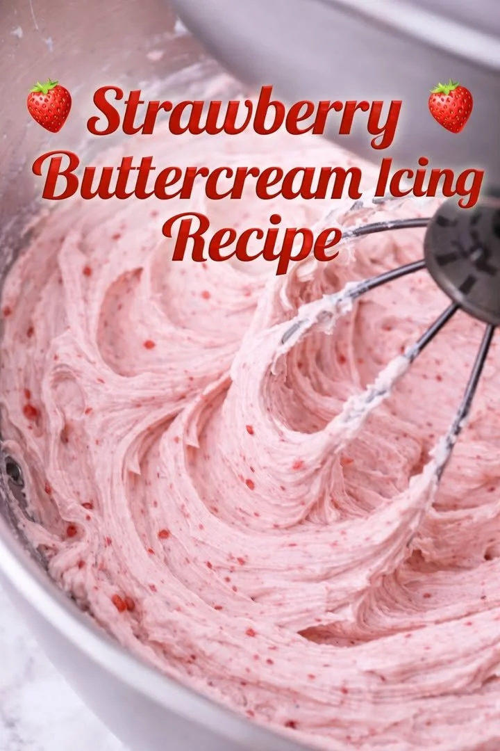 Delicious easy strawberry buttercream icing spread on a cupcake.