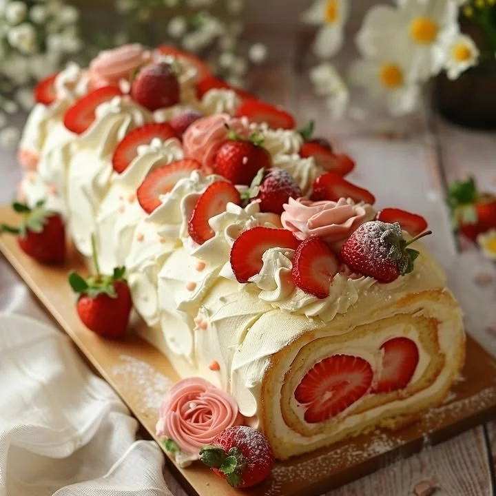 Delicious easy strawberry cake roll dessert on a white plate