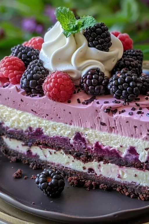 Slice of elegant white chocolate blackberry mousse cheesecake topped with berries.