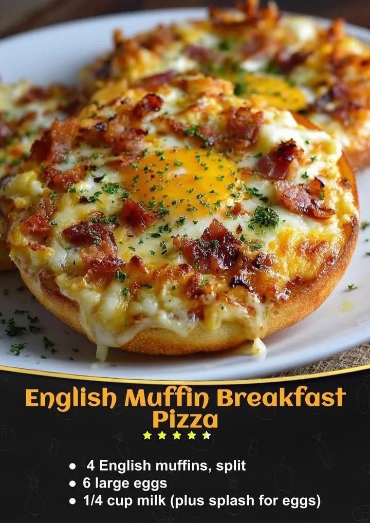 Delicious English muffin breakfast pizza topped with eggs and cheese.