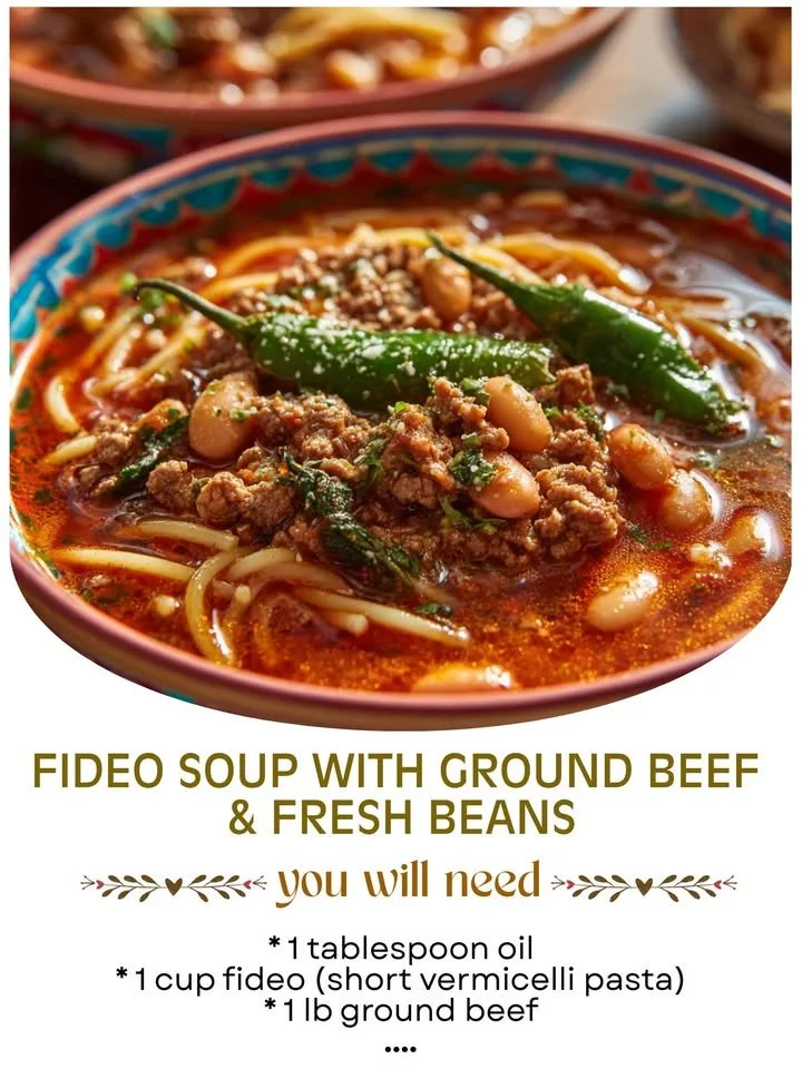 Bowl of Fideo Soup with Ground Beef and Fresh Beans