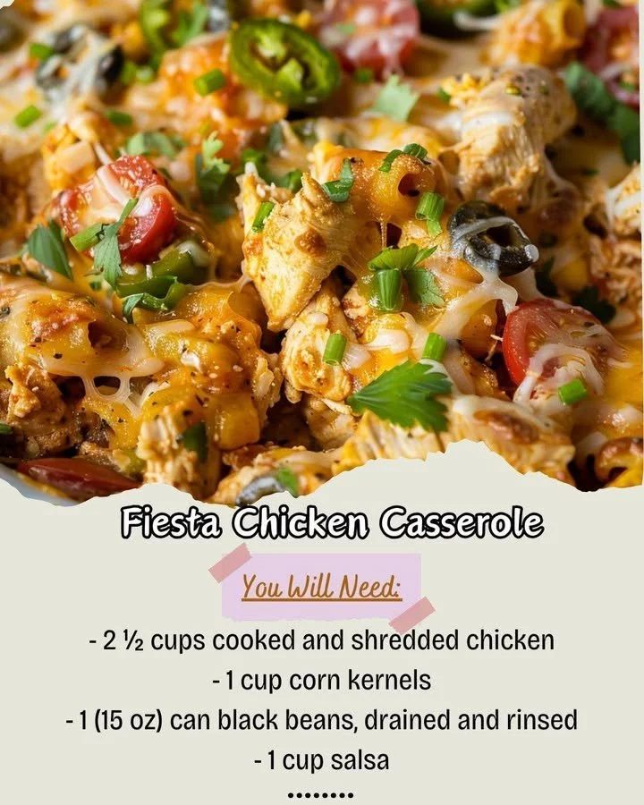 Delicious Fiesta Chicken Casserole topped with cheese and vegetables.