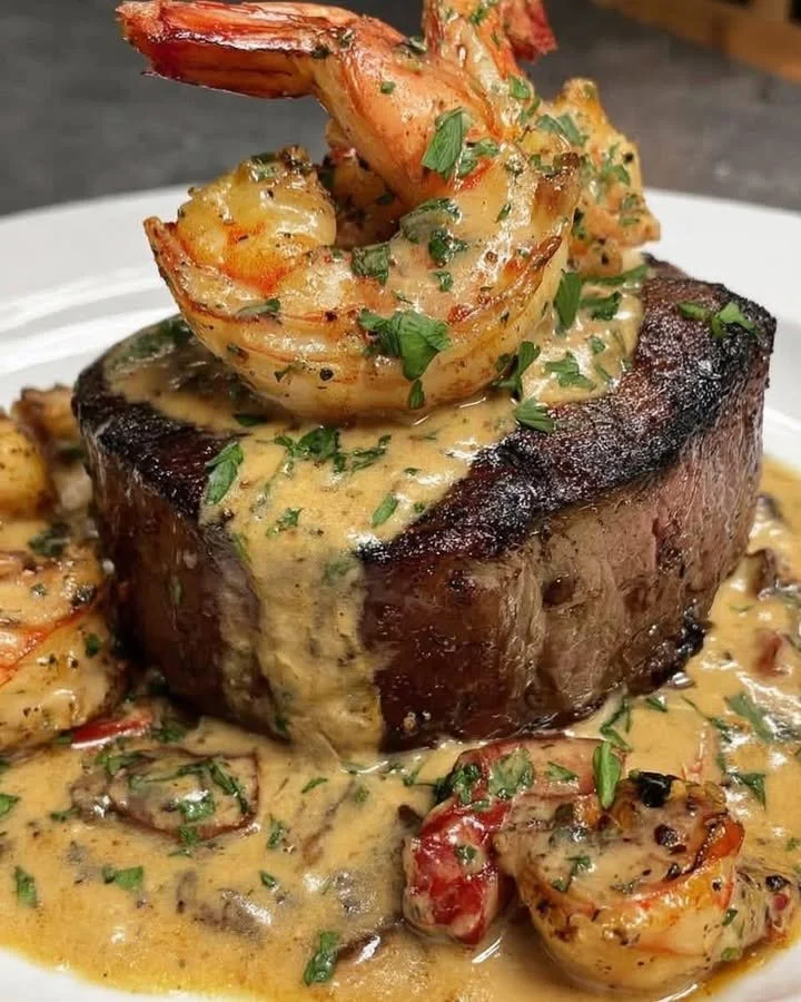Delicious filet mignon with grilled shrimp and lobster sauce on a plate