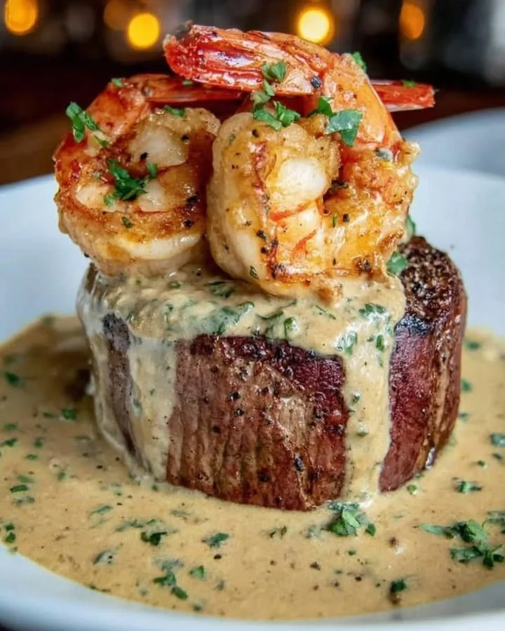 Filet Mignon topped with shrimp and creamy lobster sauce