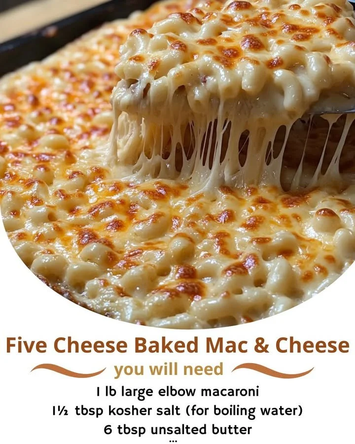 Creamy Five Cheese Baked Macaroni and Cheese served in a dish
