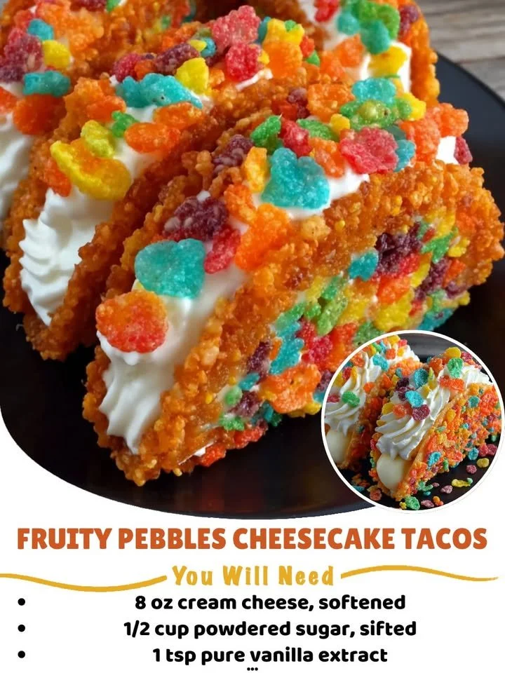 Fruity Pebbles cheesecake tacos with colorful cereal topping