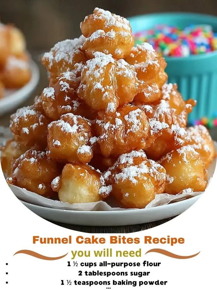Delicious funnel cake bites served with powdered sugar and strawberries