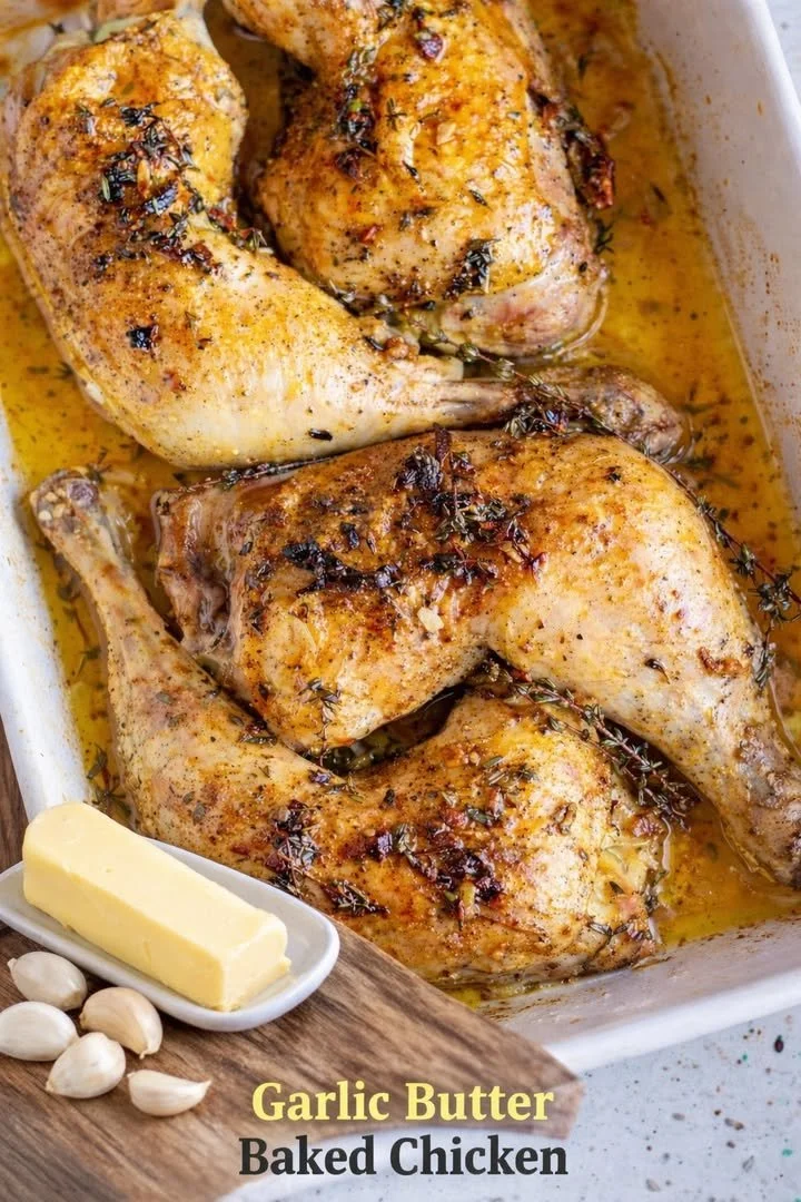 Delicious garlic butter baked chicken garnished with herbs