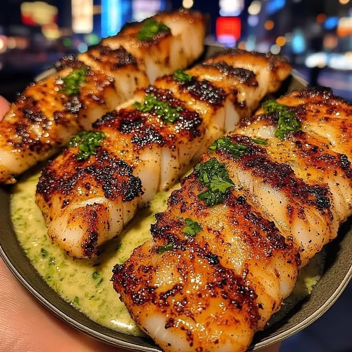 Garlic Butter Cod Strips served with Cilantro Lime Sauce on a plate