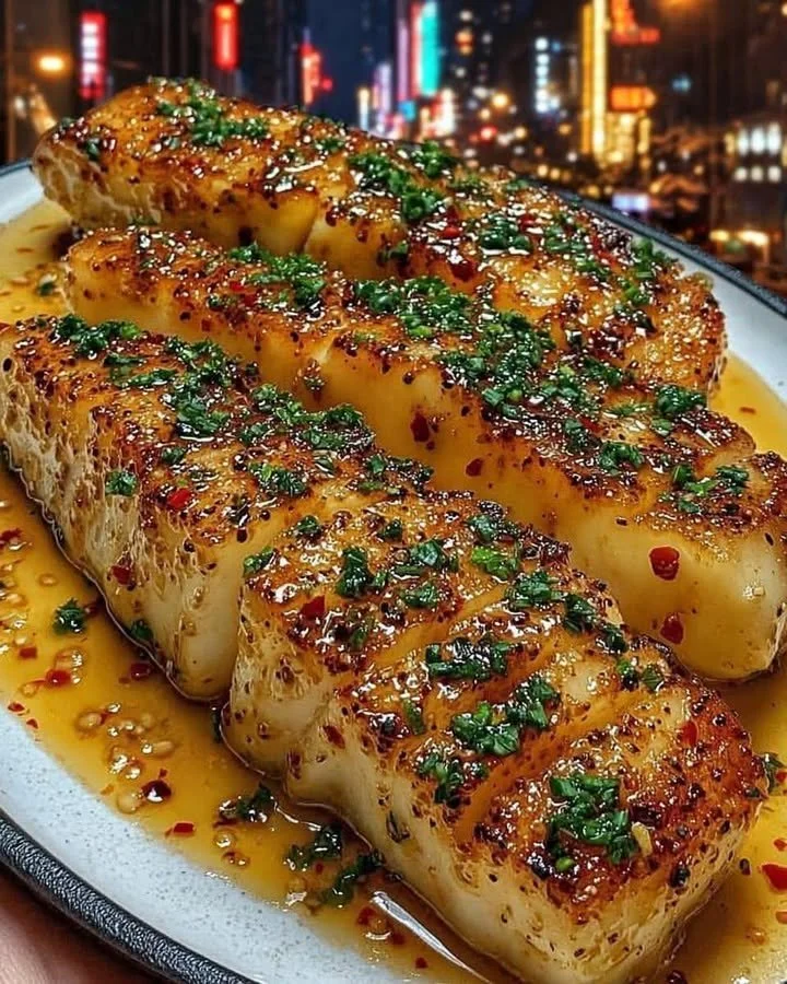 Plate of Garlic Butter Cod strips served with sweet chili lime sauce