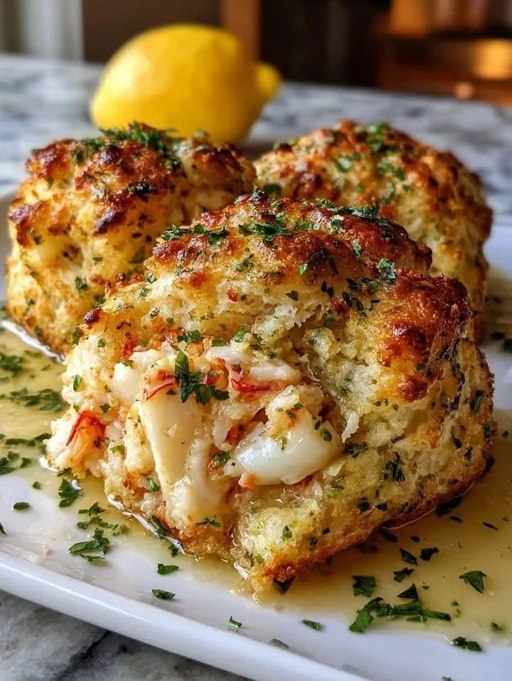 Garlic butter lobster-stuffed biscuits served on a rustic wooden table.
