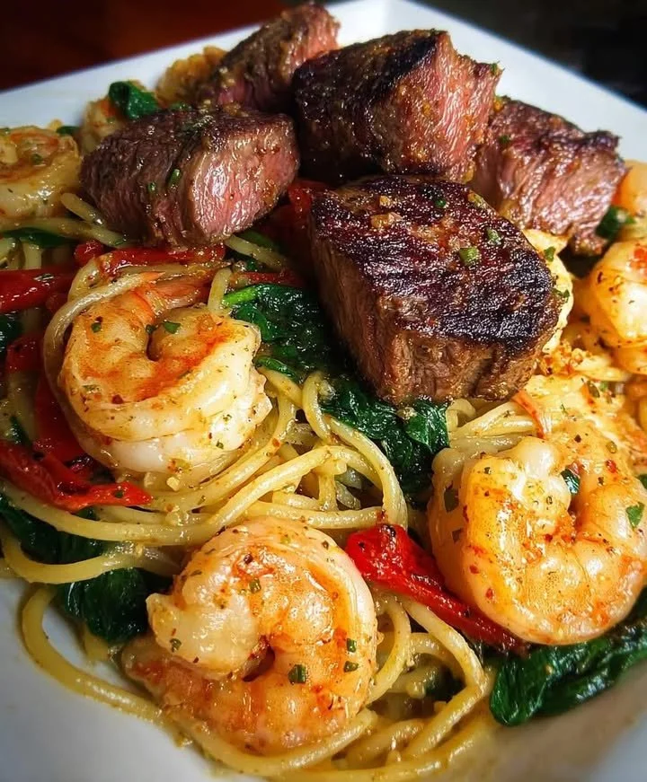 Delicious Garlic Butter Steak & Shrimp Pasta served with fresh herbs