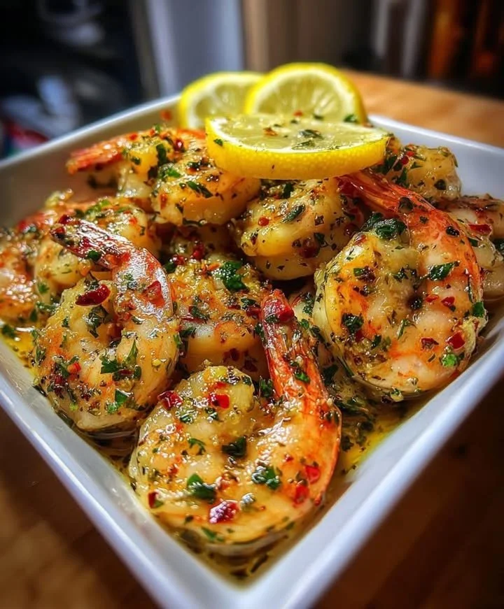 Garlic Herb Butter Shrimp with Lemon served on a plate