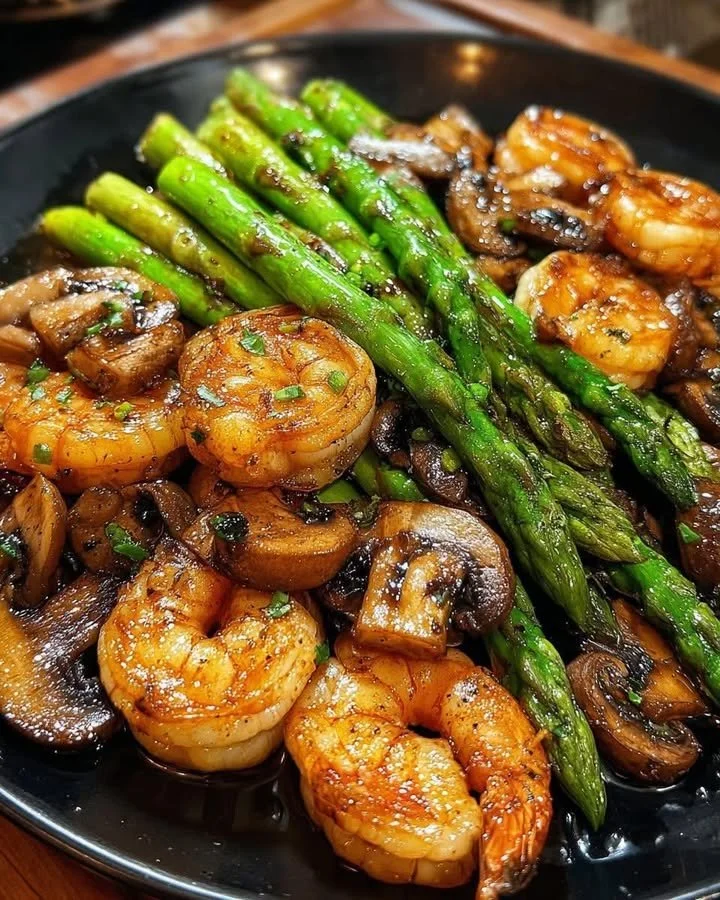 Garlic shrimp stir-fry with asparagus and mushrooms in a skillet