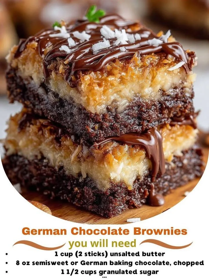 Delicious German Chocolate Brownies topped with coconut pecan icing