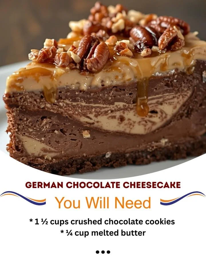 Slice of decadent German Chocolate Cheesecake topped with coconut and pecans