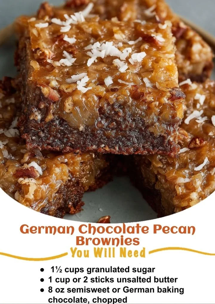Delicious German chocolate pecan brownies topped with coconut frosting.