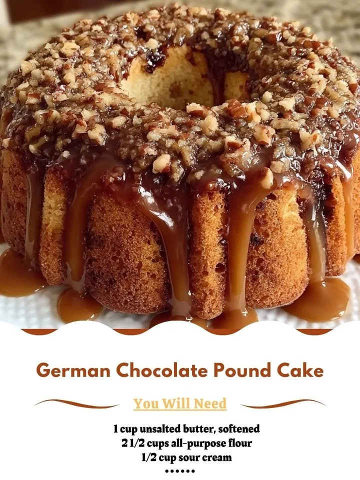 Delicious slice of German Chocolate Pound Cake with chocolate and coconut frosting