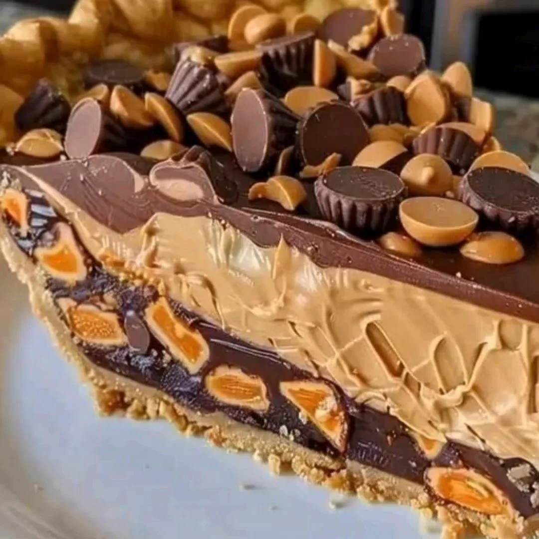 Giant Reese's Peanut Butter Pie with chocolate and peanut butter topping