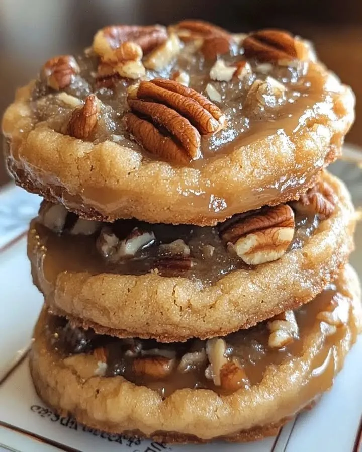 Gooey caramel pecan pie cookies featuring rich caramel and crunchy pecans.