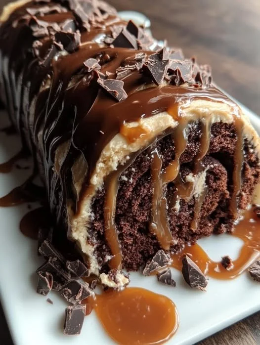 Gooey chocolate caramel turtle cake roll with pecans and caramel drizzle.