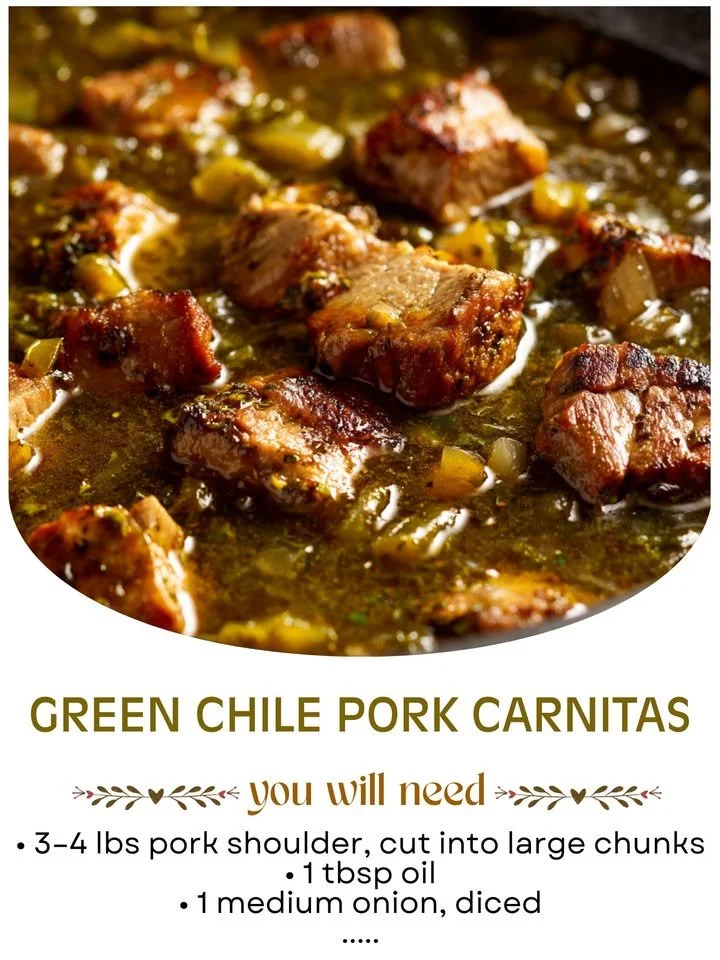 Delicious Green Chile Pork Carnitas served with fresh toppings.