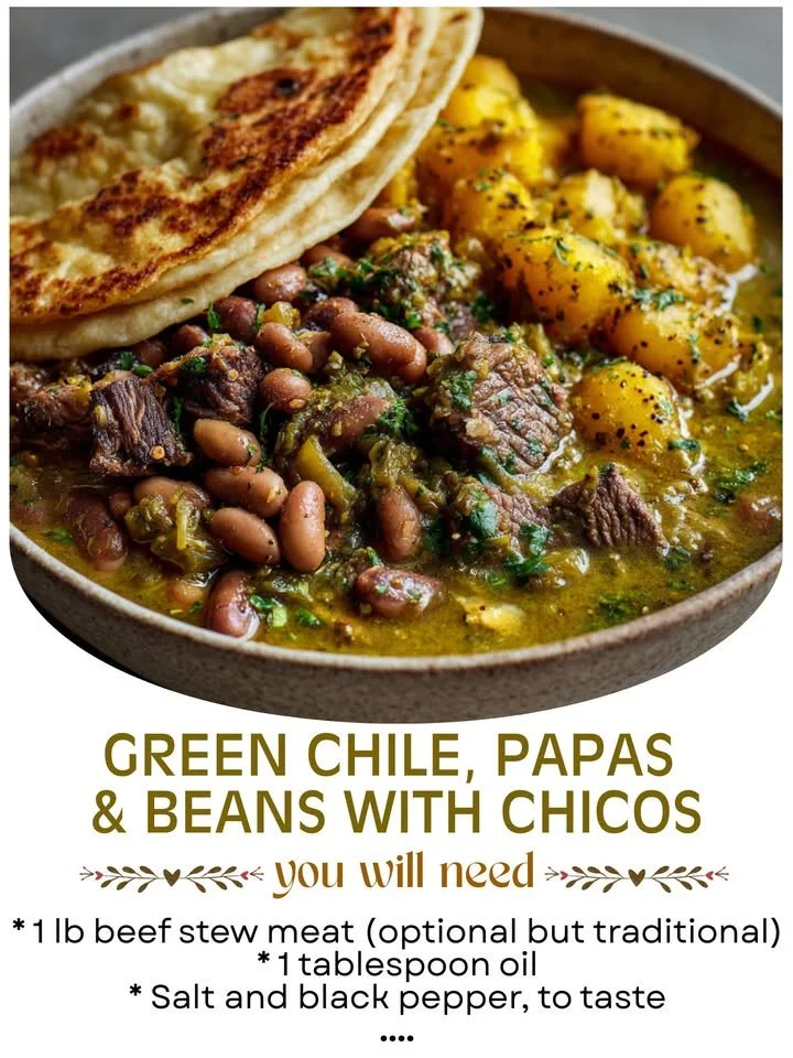 Delicious green chile dish with potatoes, beans, and chicos on a plate