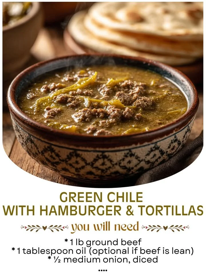 Delicious green chile with hamburger served with warm tortillas